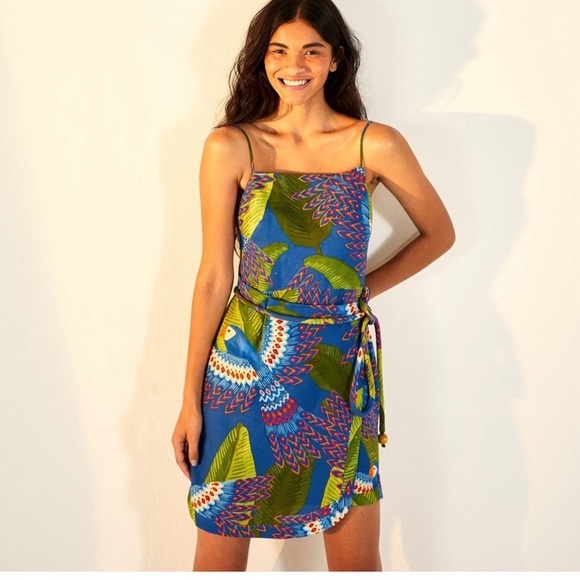 NWT Farm Rio Blue Macaw Mini Wrap Dress - Picture 3 of 8